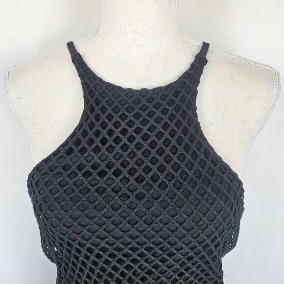 bobi Revolve Black Sheer Crochet Mesh High Neck Halter Bodycon Mini Dress M - Picture 4 of 10